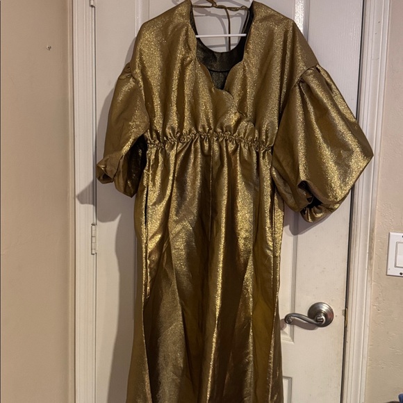 EUC Kika Vargas Dresses Puff Sleeve Scallop Back Midi Dress Large Gold - Picture 4 of 9